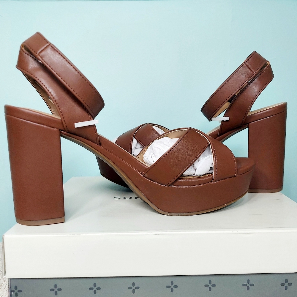 Sun + Stone Tan Brown Leather Platform Heel Sandals - Picture 7 of 13